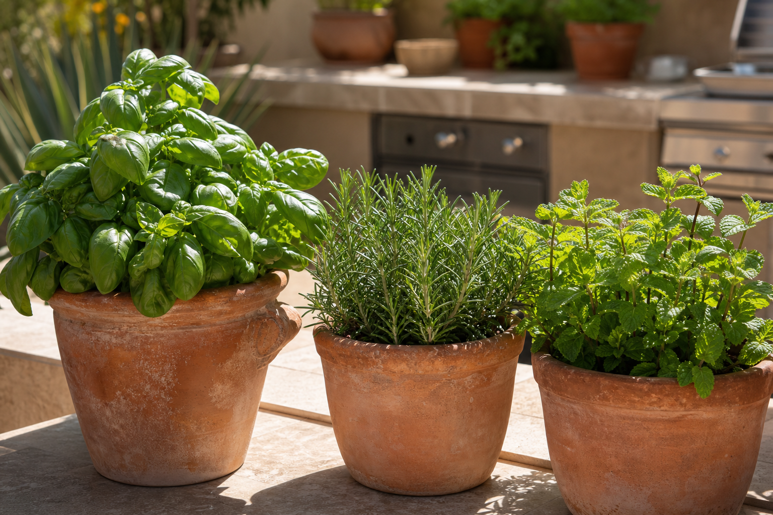 Fresh herbs in garden pots