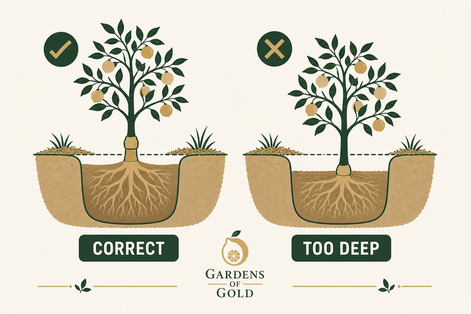 Illustration comparing citrus planted with the graft union above soil versus planted too deep