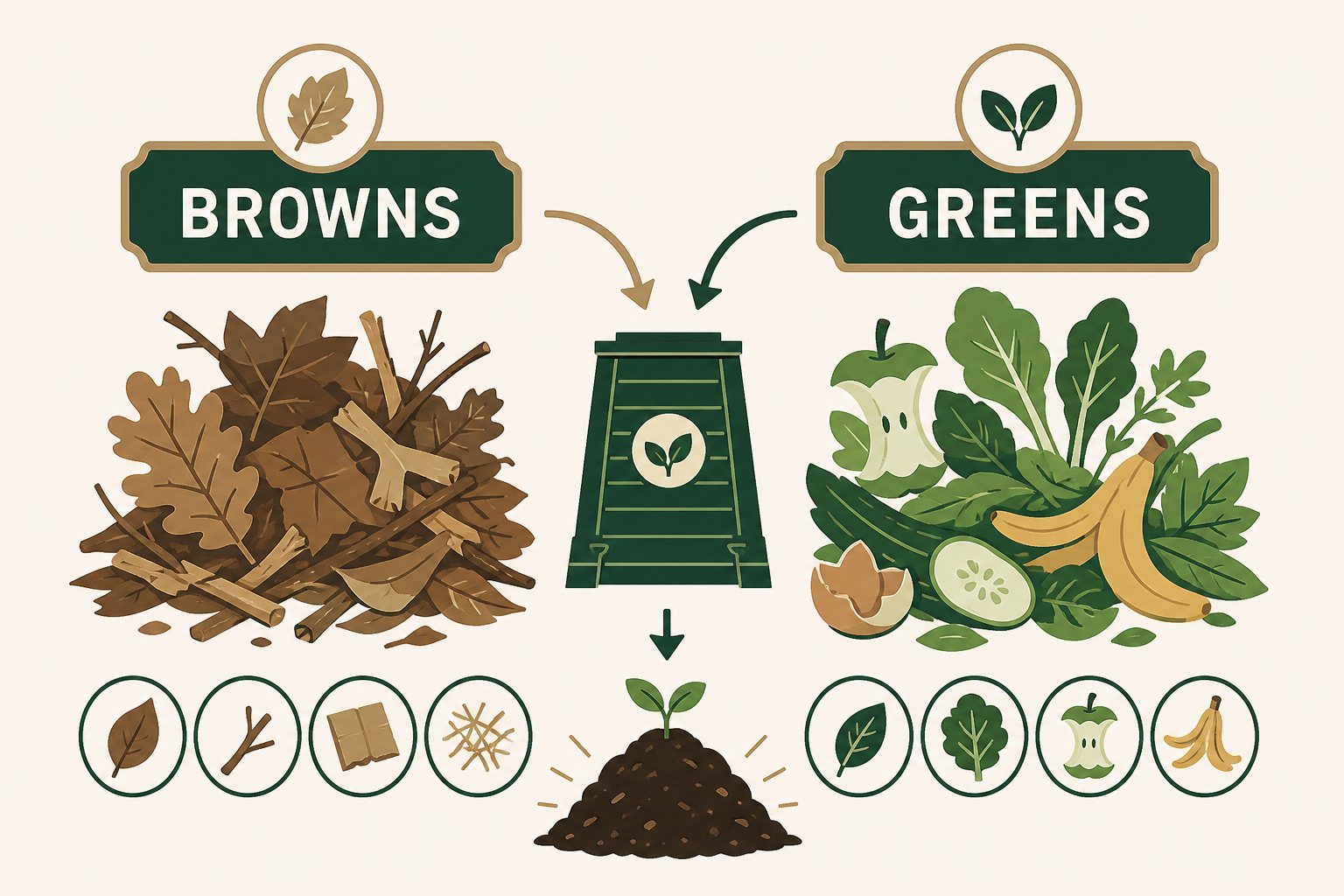 Illustration of brown leaves and twigs versus green kitchen scraps going into a compost bin