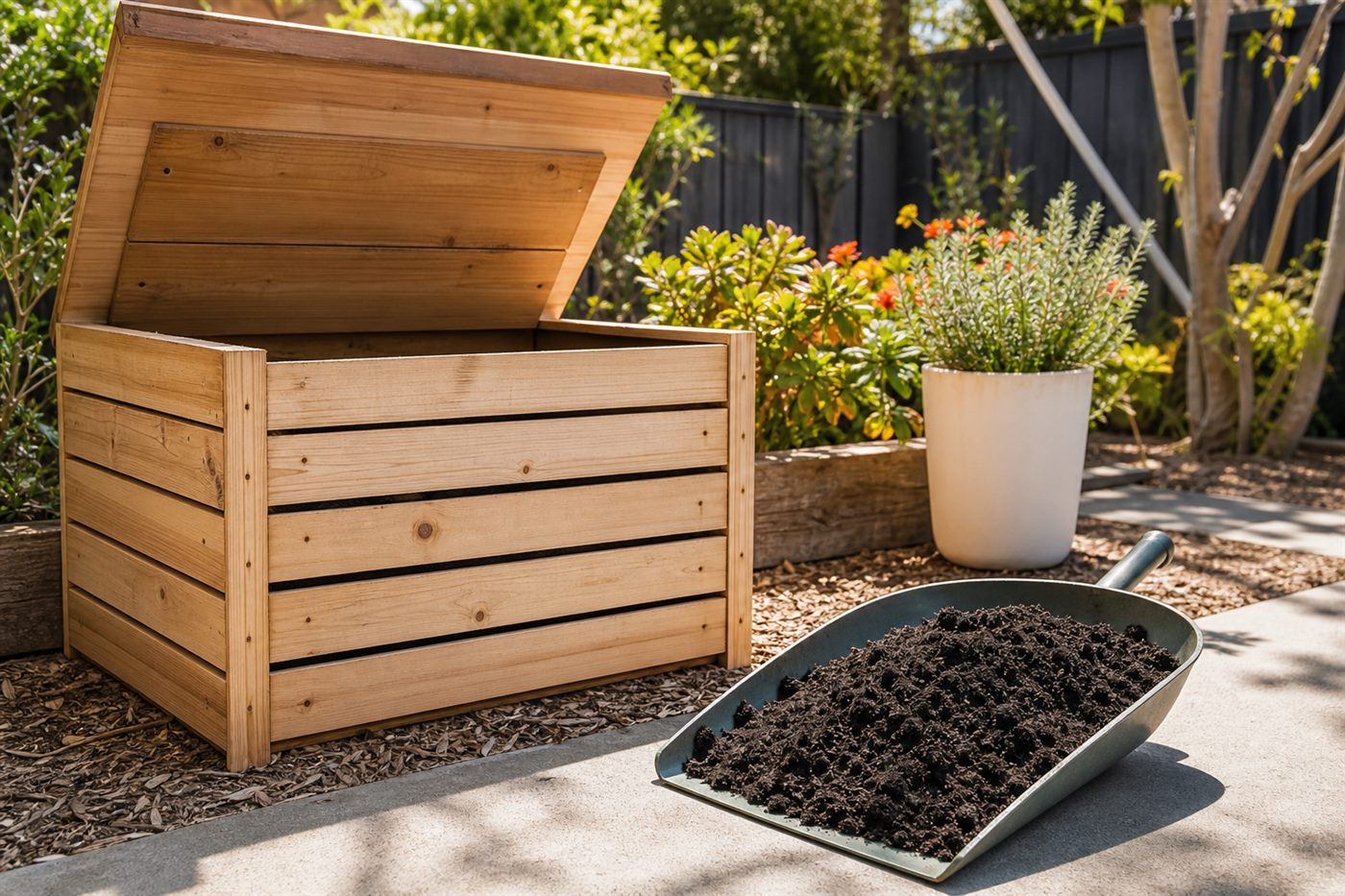 Home compost bin with finished compost