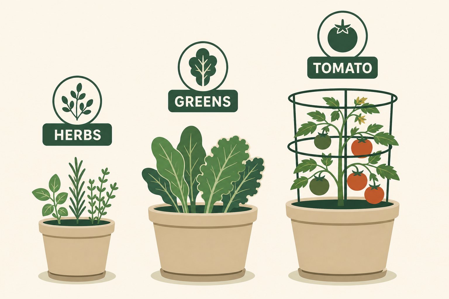 Illustration of herb, greens, and tomato plants in small, medium, and large containers