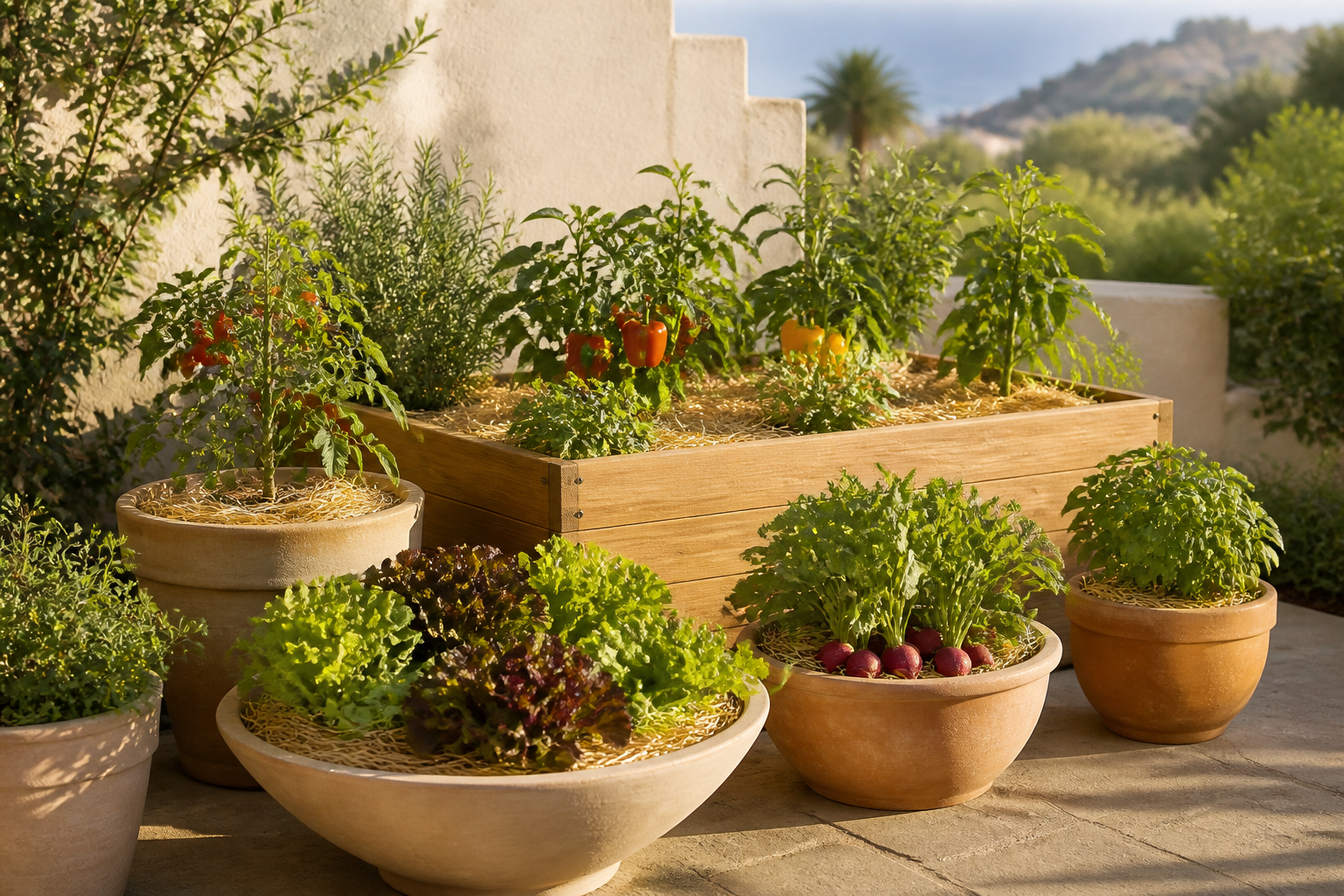 Vegetables growing in containers on a sunny San Diego patio