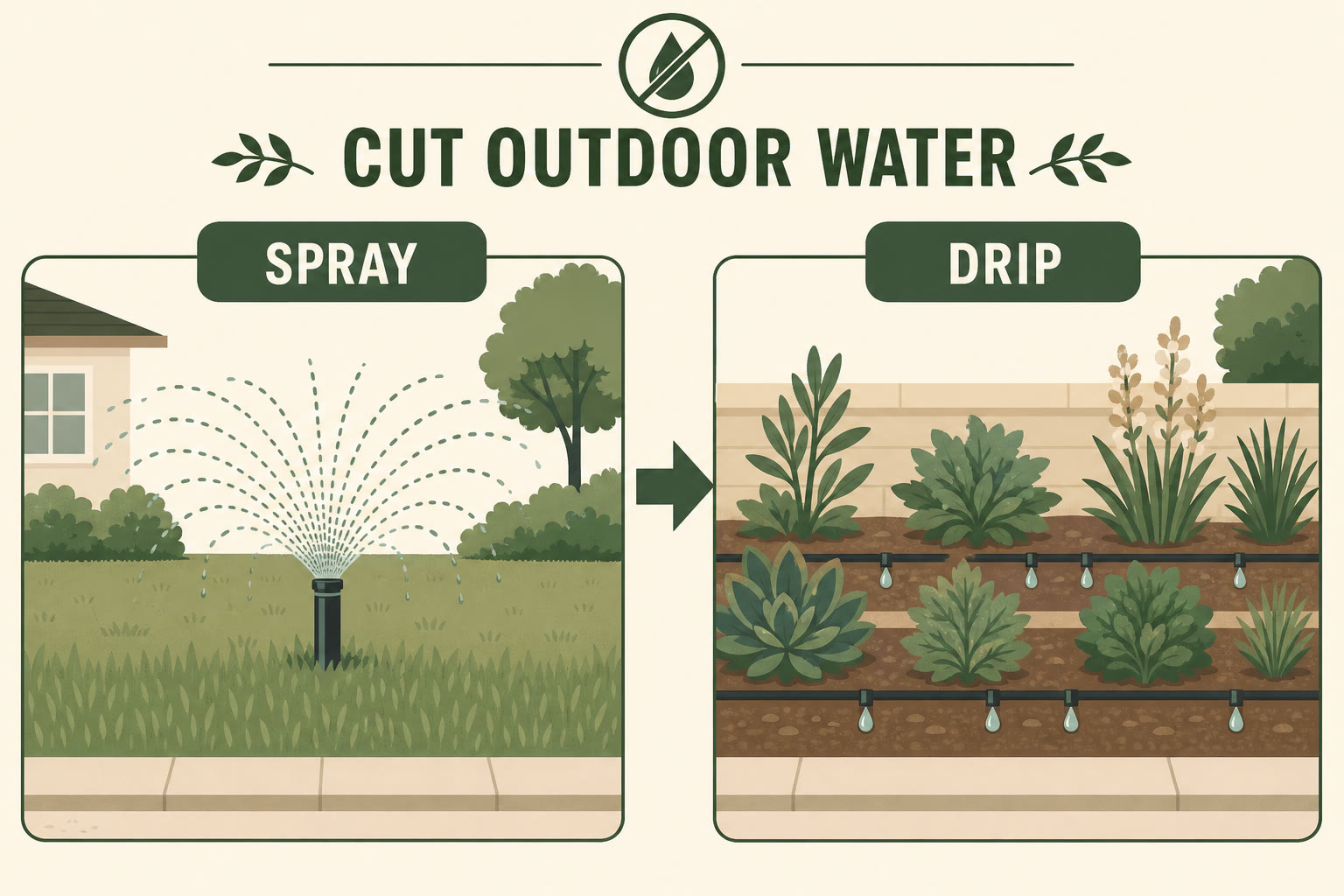 Illustration of spray irrigation versus drip lines at plant roots