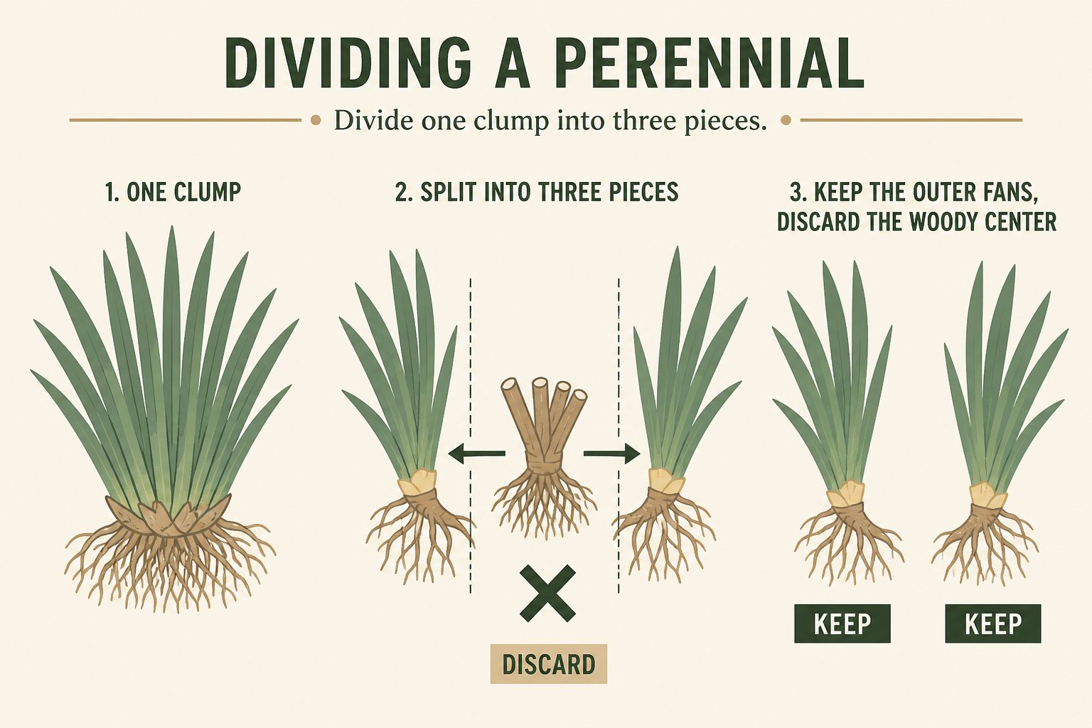 Illustration of dividing a perennial clump: keep outer fans, discard woody center
