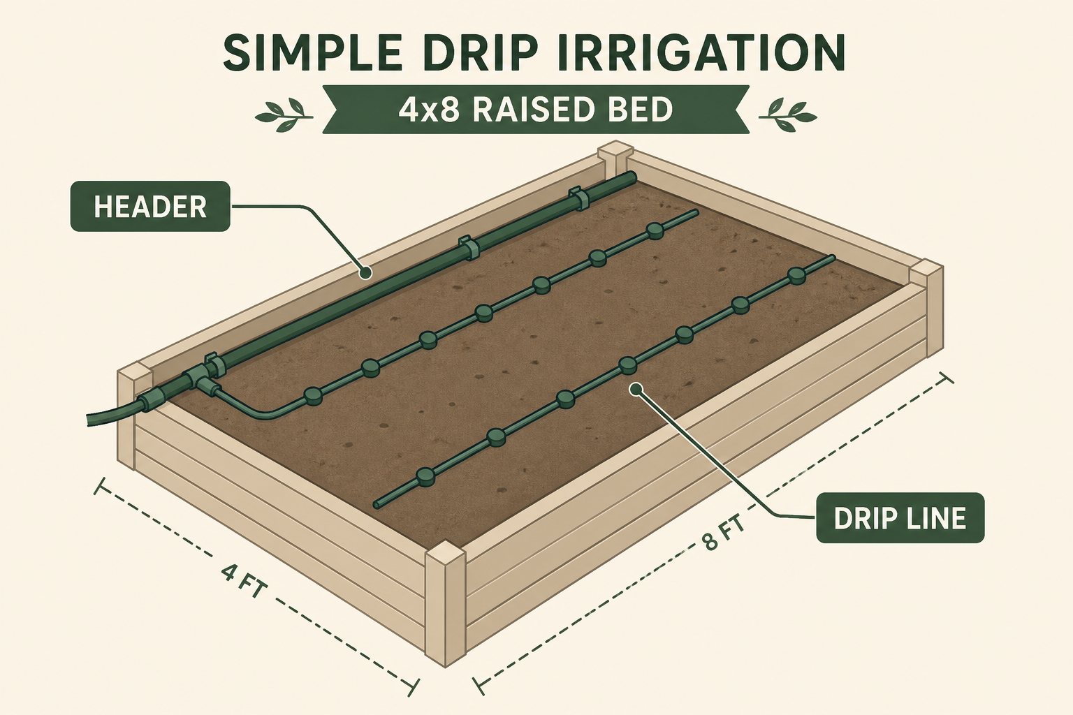 Illustration of a 4 by 8 raised bed with three drip lines