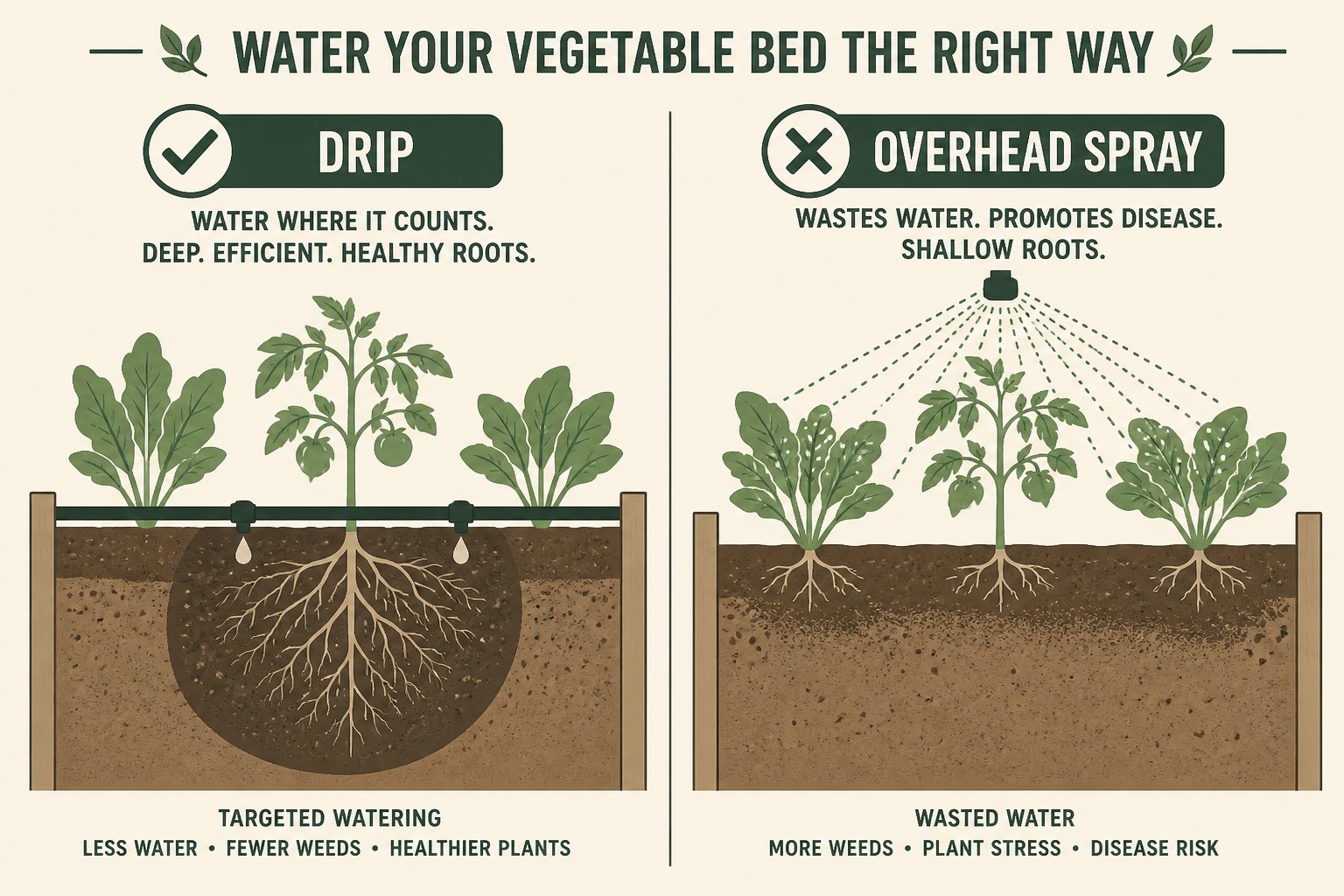 Illustration of drip on soil versus overhead spray