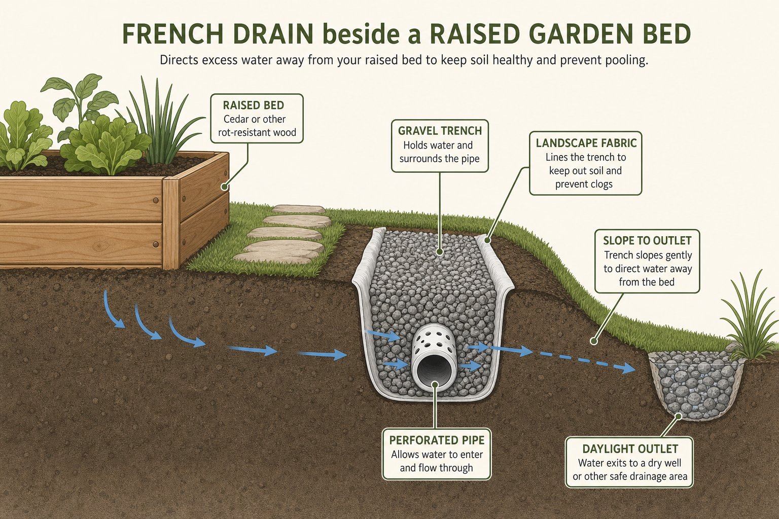 French drain trench with perforated pipe beside a raised garden bed