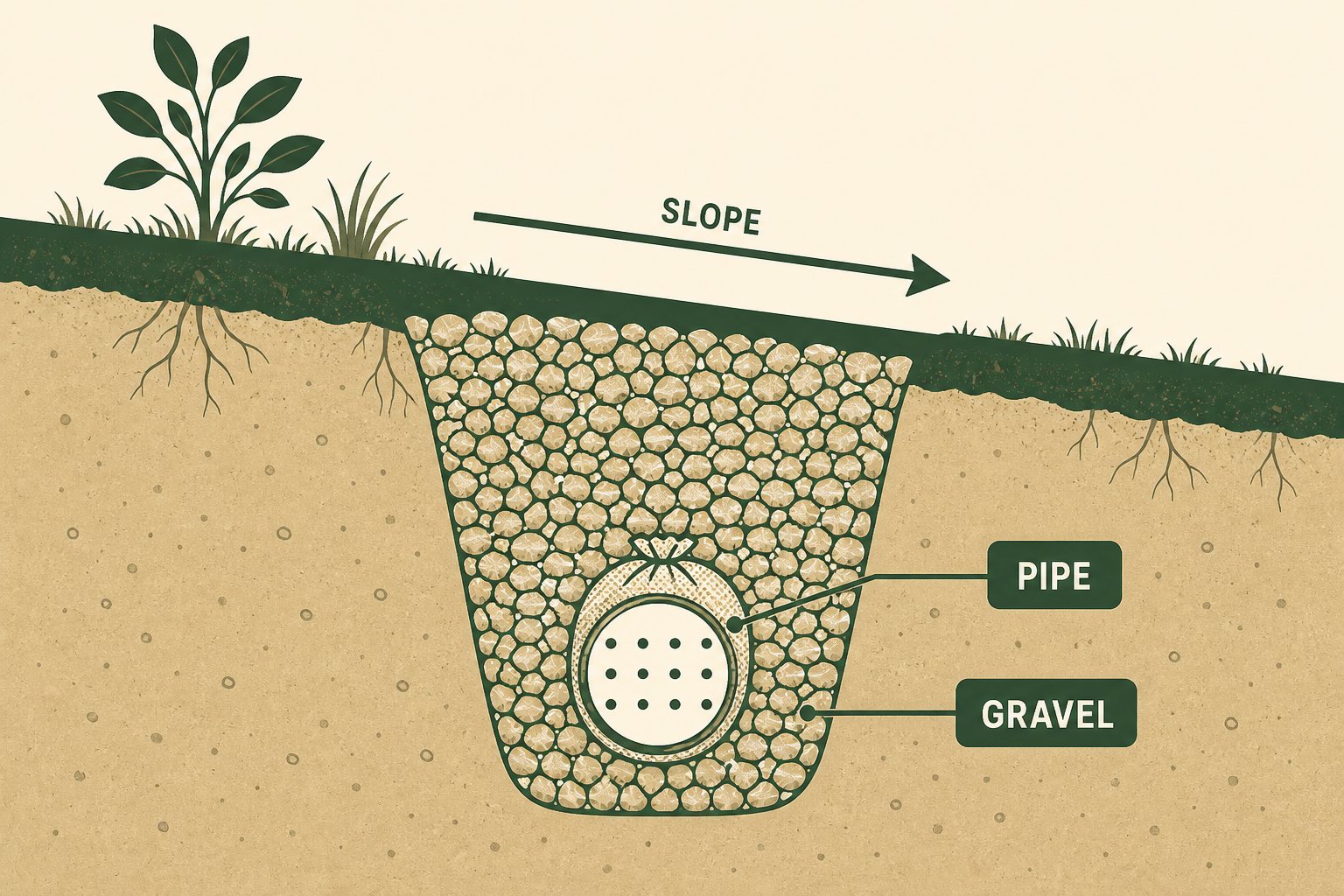 Illustration of a sloped French drain cutaway with gravel and a perforated pipe