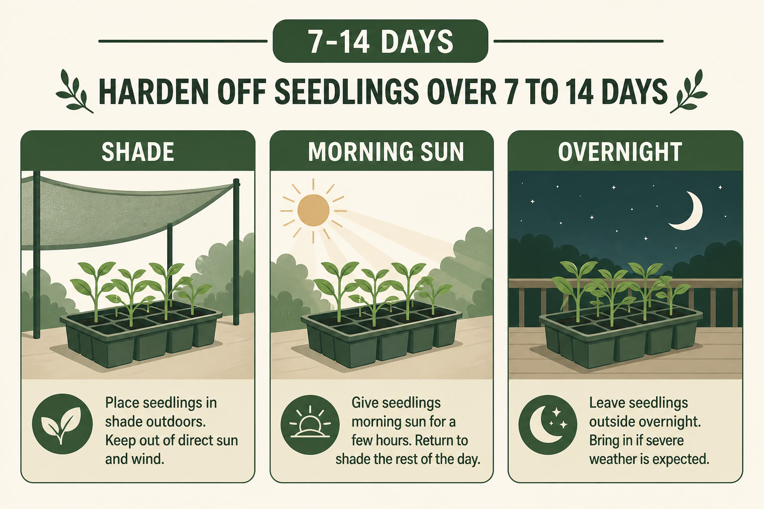 Illustration of hardening off over 7 to 14 days: shade, morning sun, overnight