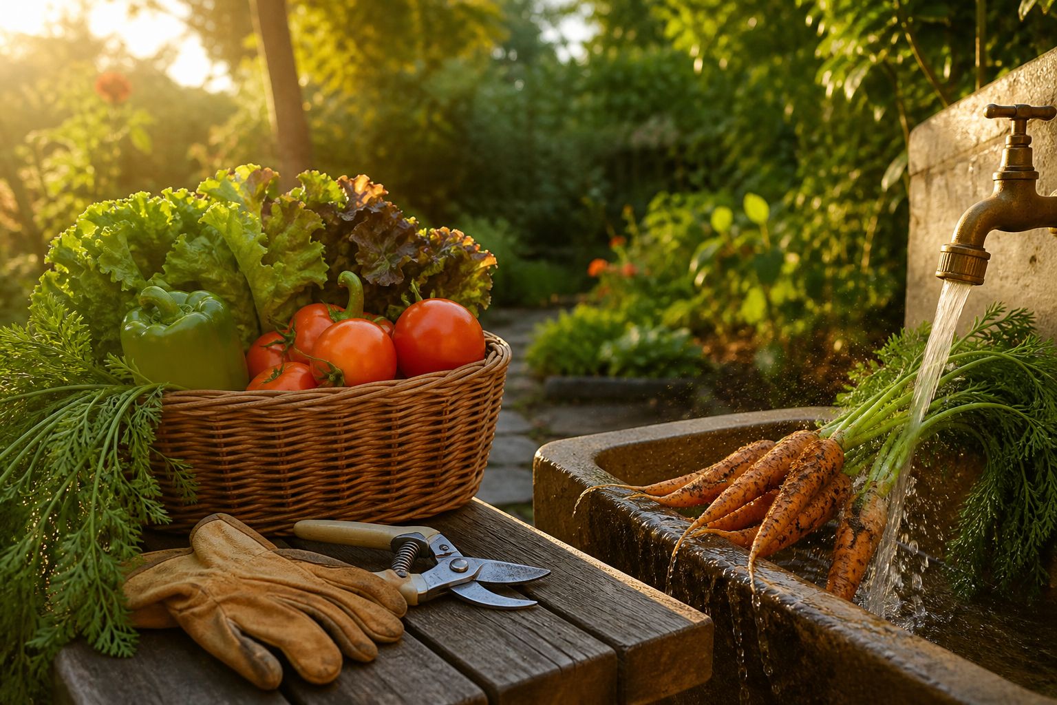 Wicker basket of lettuce, tomatoes, and a pepper beside carrots rinsing under a faucet, with shears and gloves on a bench