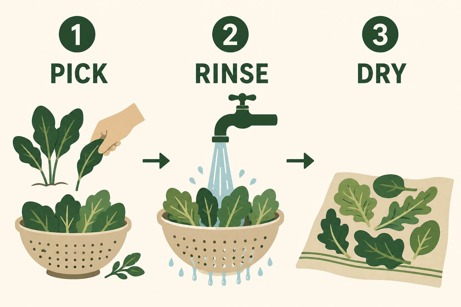Illustration of pick, rinse, and dry for harvested greens