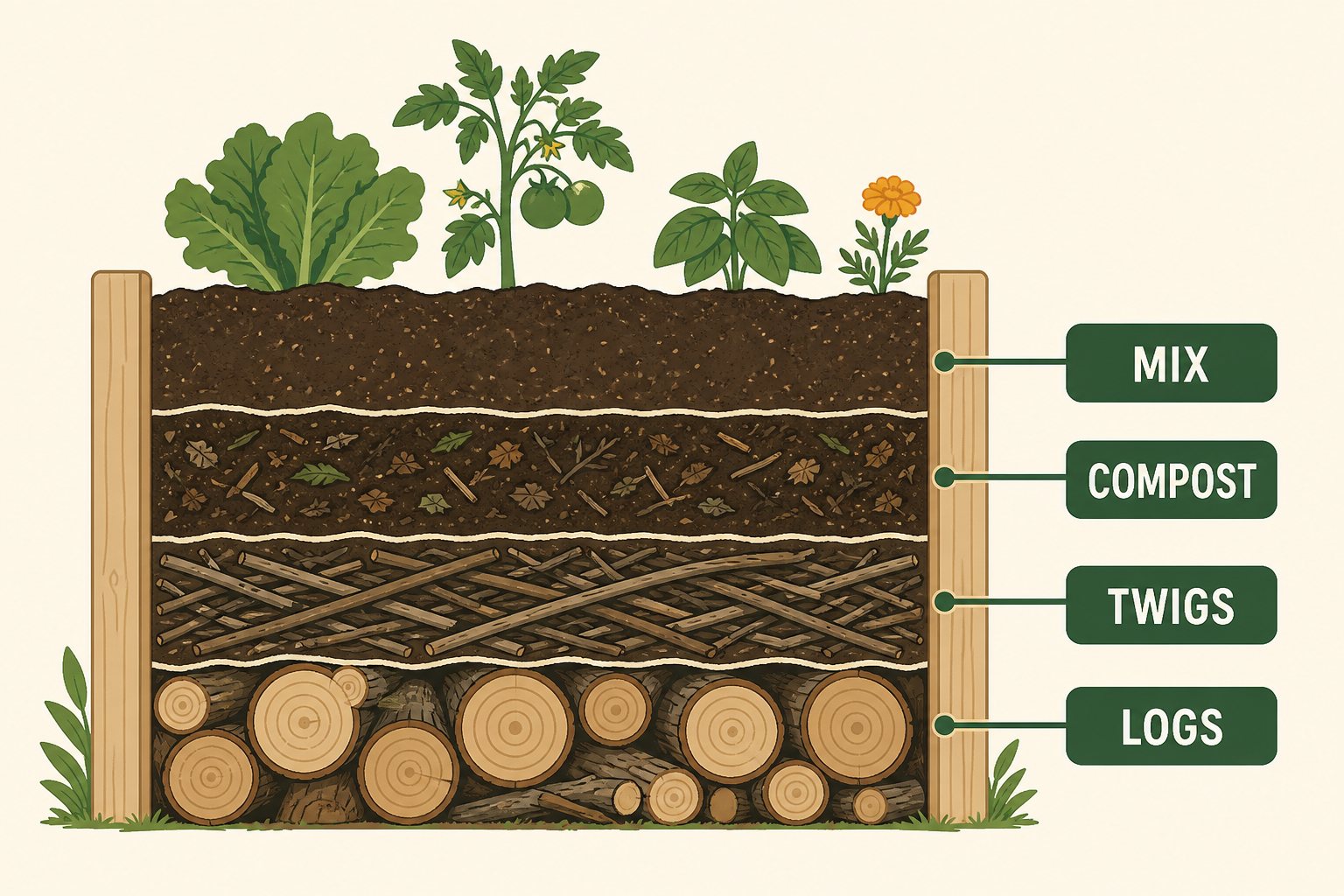 Illustration of hugelkultur layers: logs, twigs, compost, and mix