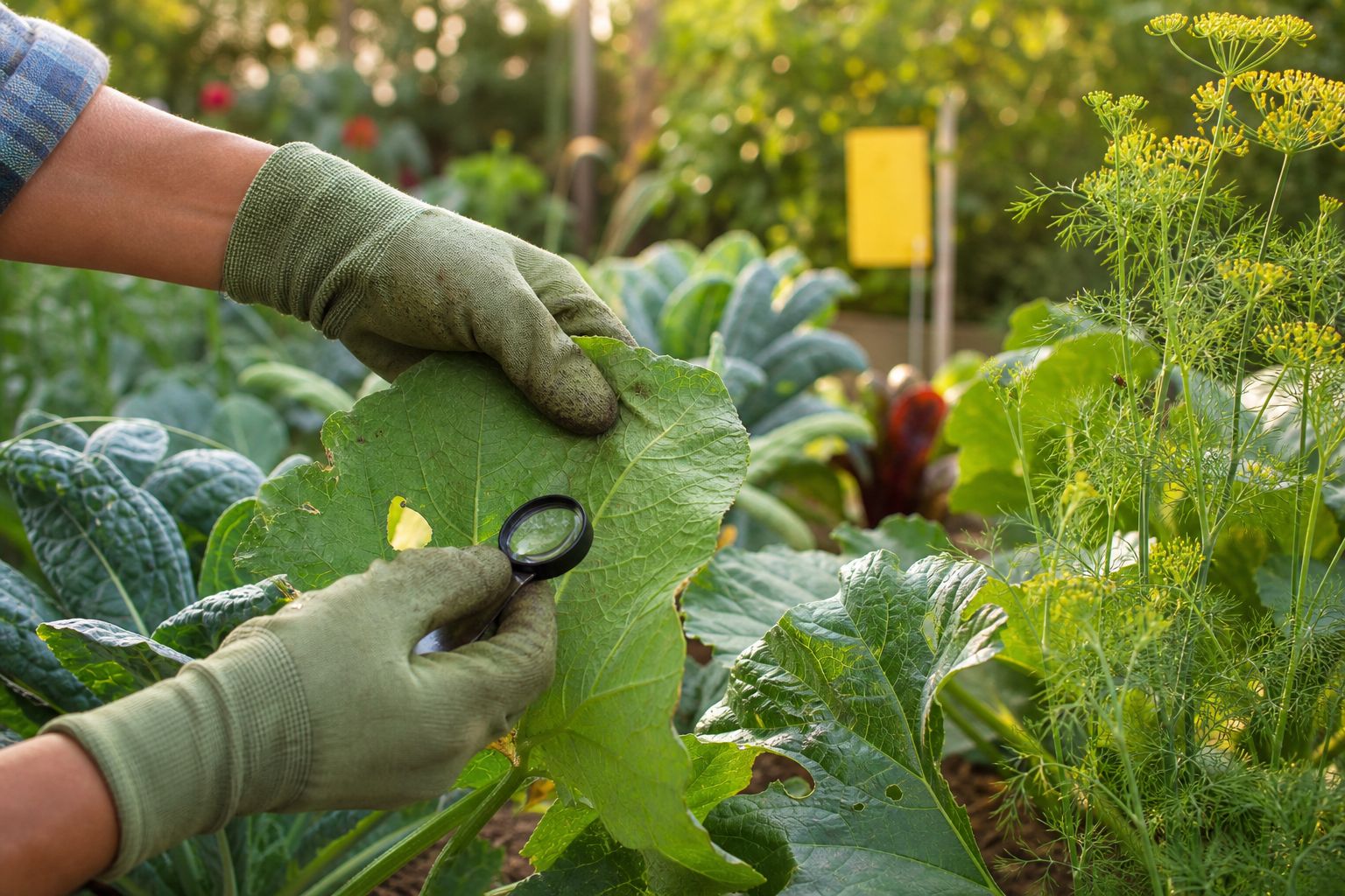 Gloved hands holding a magnifying glass to the underside of a large vegetable leaf, with a yellow sticky trap behind
