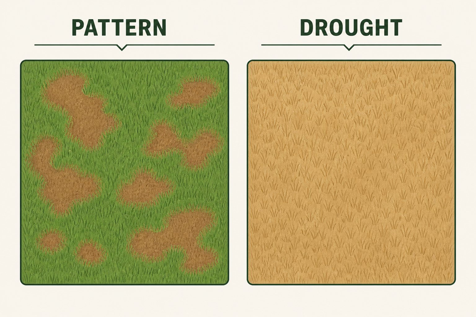 Illustration of a lawn with irregular brown patches versus a uniformly dry lawn