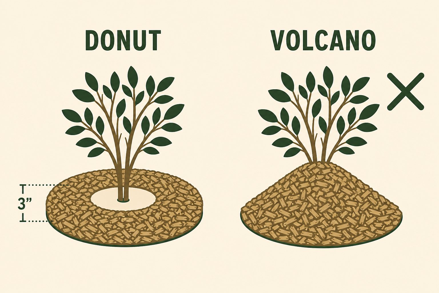 Illustration of a flat mulch donut versus a mulch volcano against a trunk
