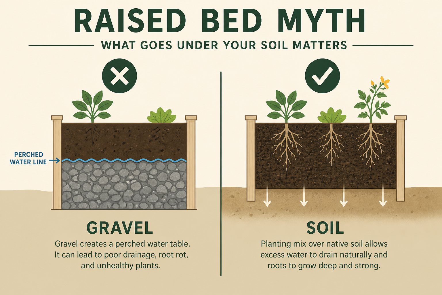 Illustration of a raised bed with gravel under soil versus one planting mix