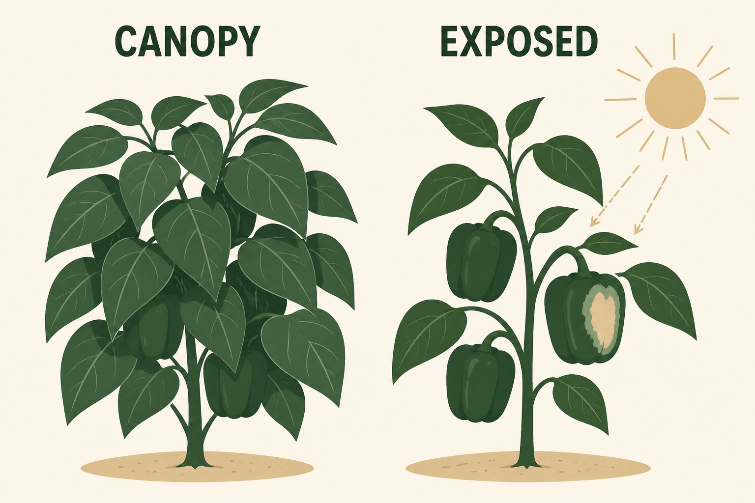 Illustration of a pepper plant with a leaf canopy versus fruit left exposed
