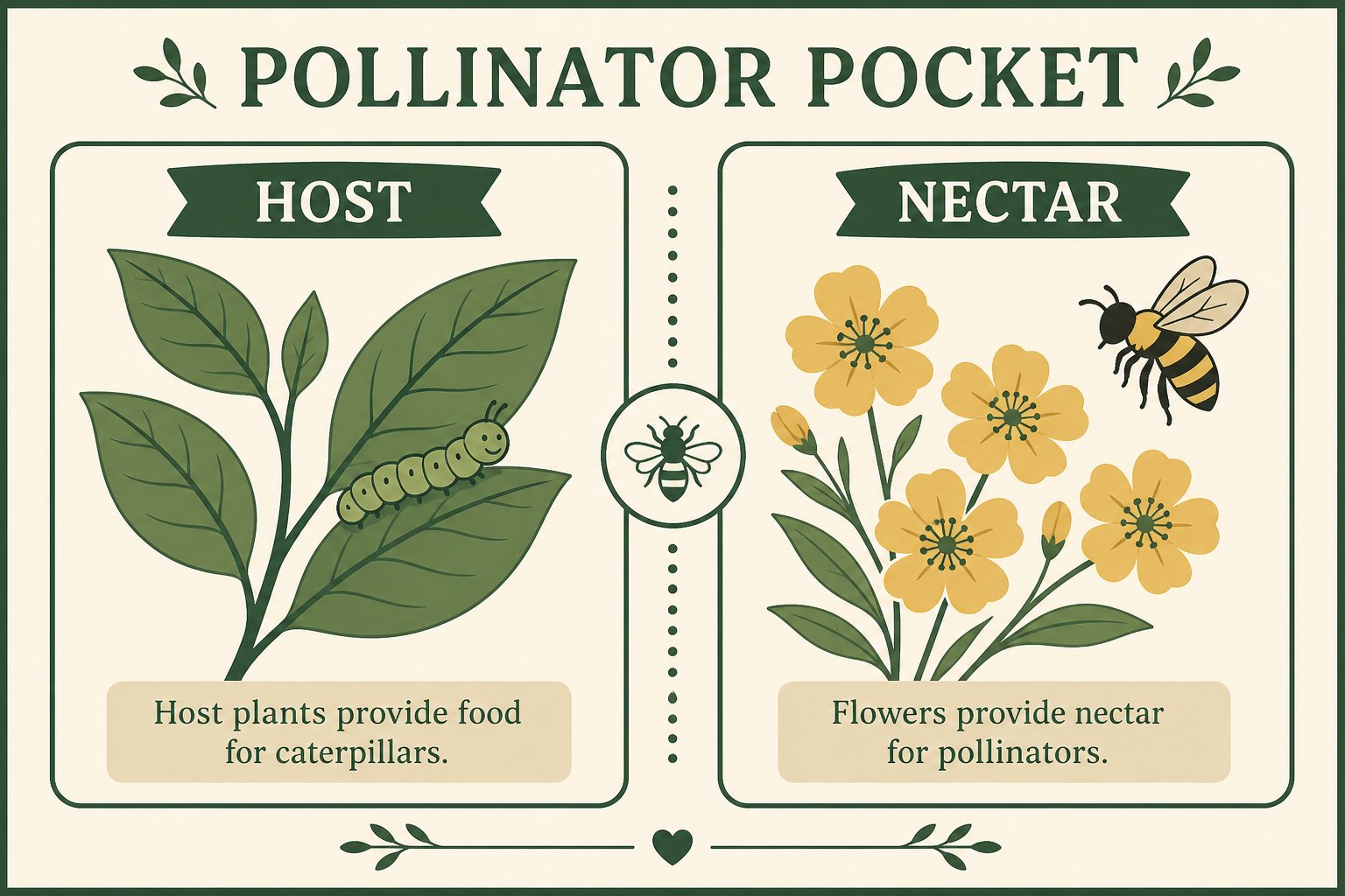 Illustration of a host plant with a caterpillar beside nectar flowers with a bee