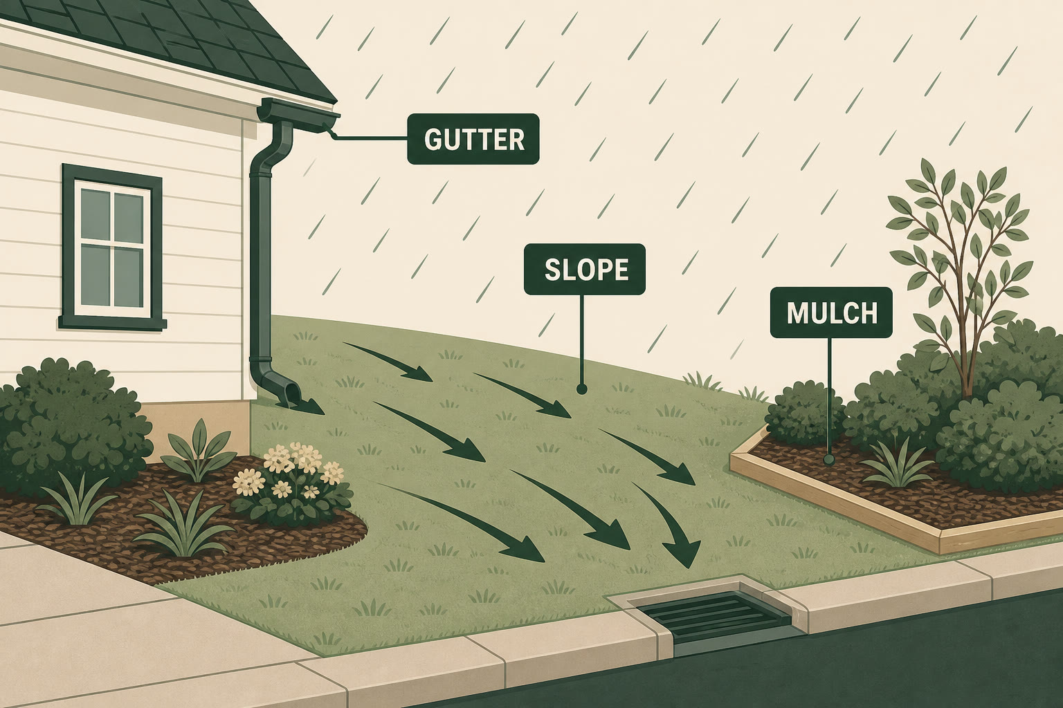 Illustration of a yard labeled slope, gutter, and mulch