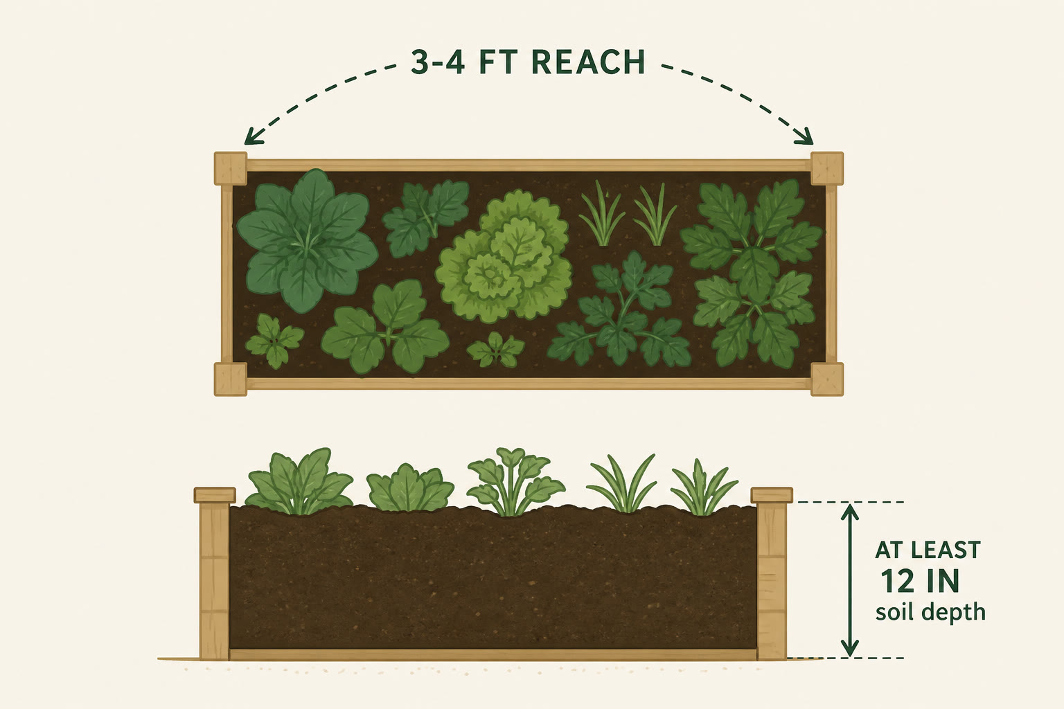 Illustration of a raised bed with 3-4 ft reach and at least 12 in soil