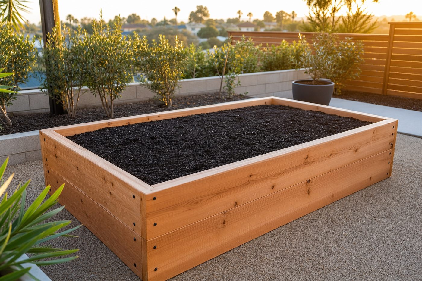 Cedar raised garden bed in a San Diego backyard