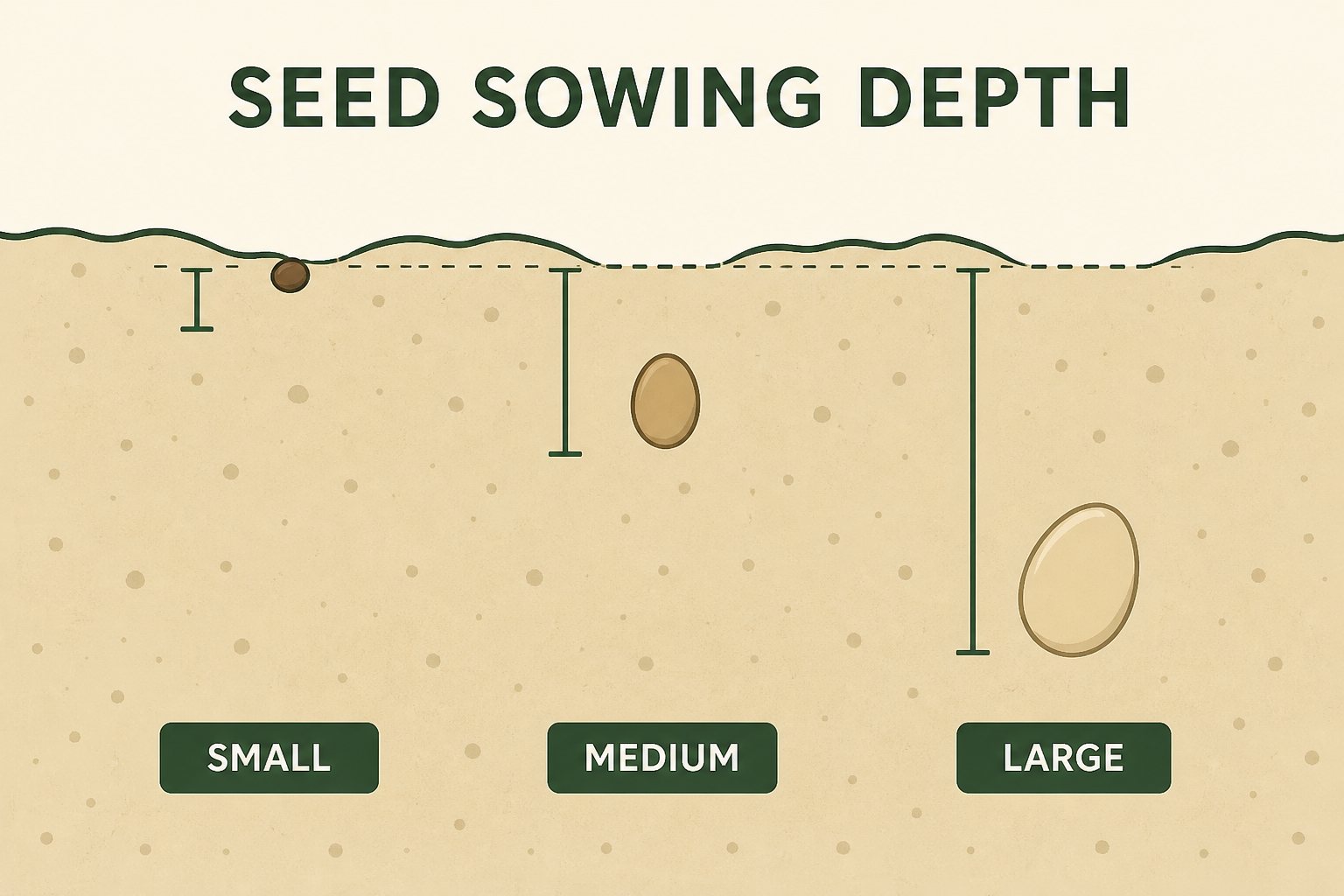 Illustration of small, medium, and large seed planting depths