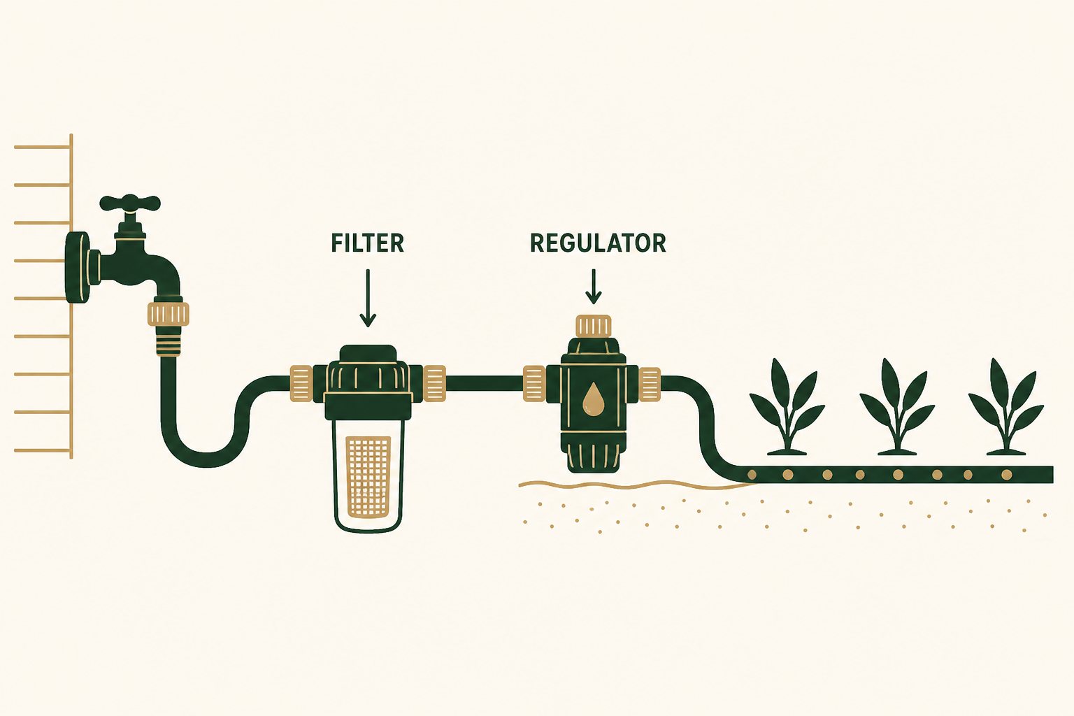 Illustration of a smart irrigation schematic with filter, then regulator