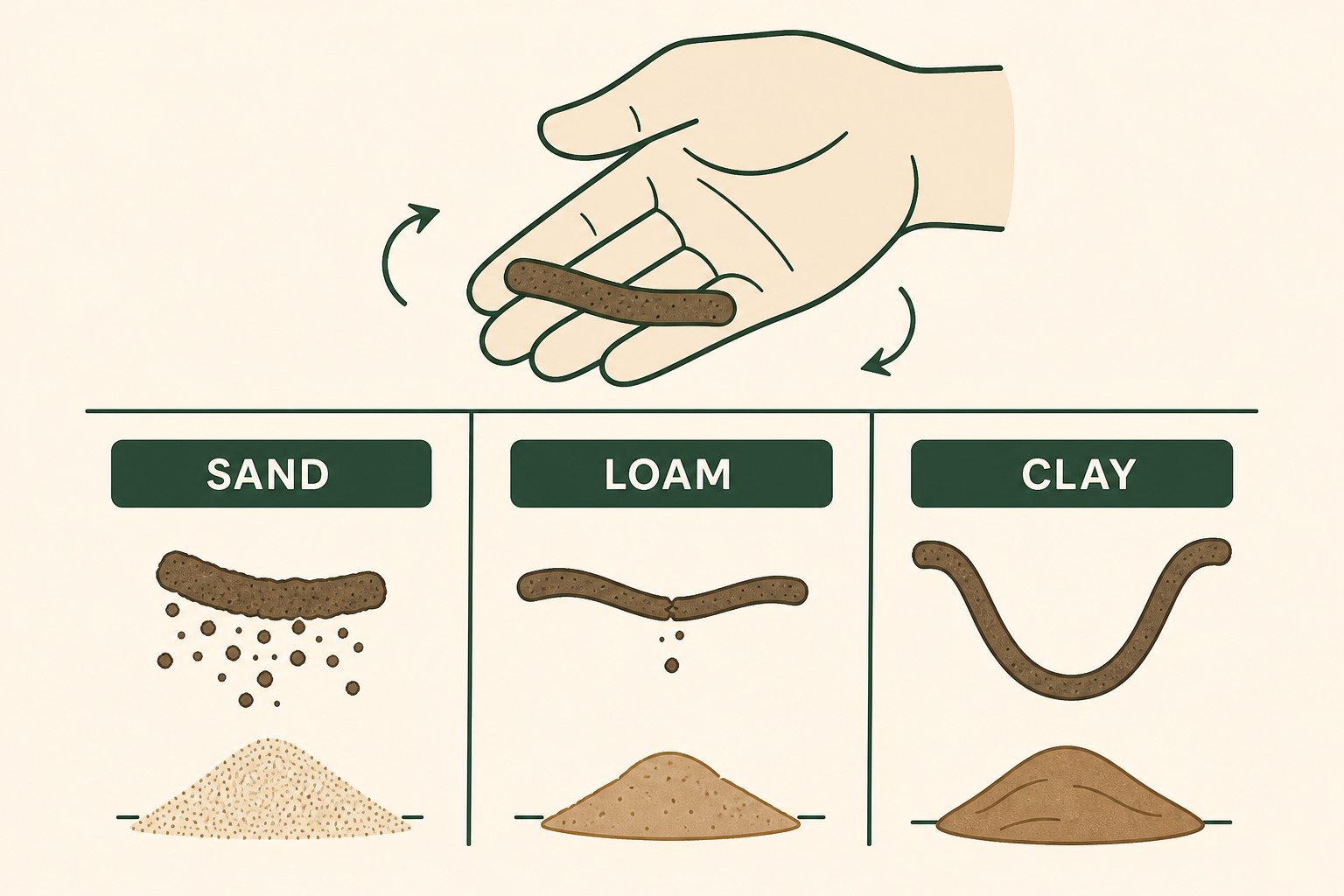 Illustration of a soil ribbon test for sand, loam, and clay