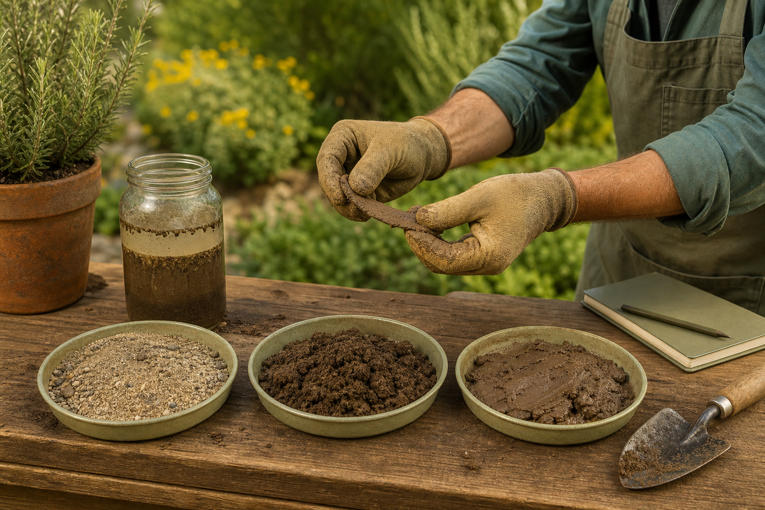 Gardener comparing sandy, loamy, and clay soil samples
