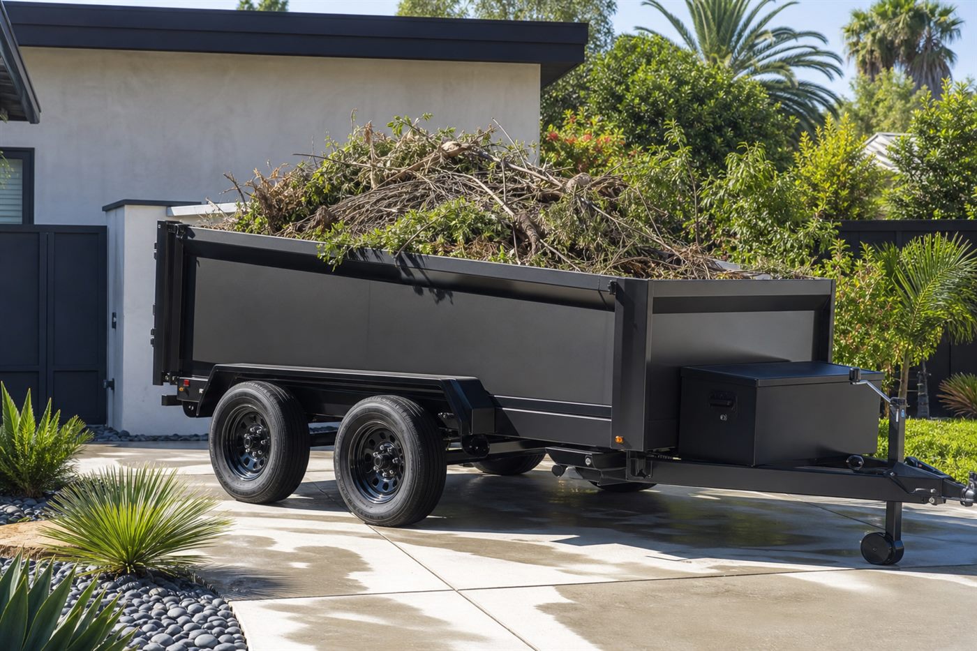 Electric dump trailer loaded for yard cleanup