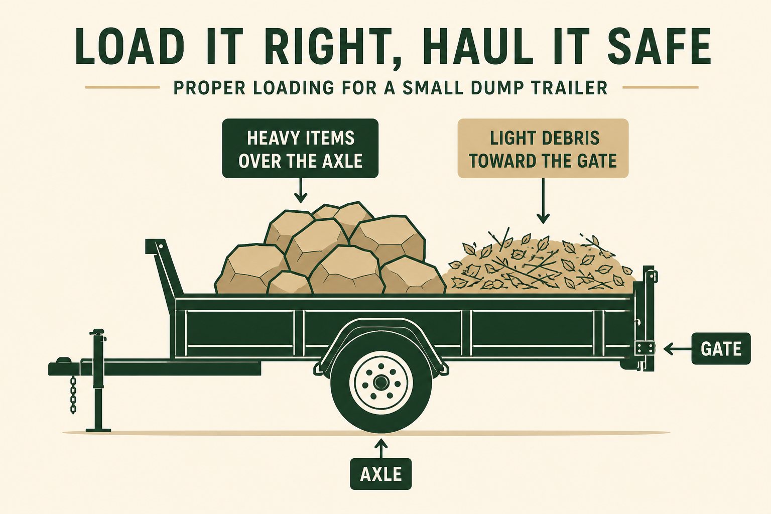 Illustration of a dump trailer with a low balanced load