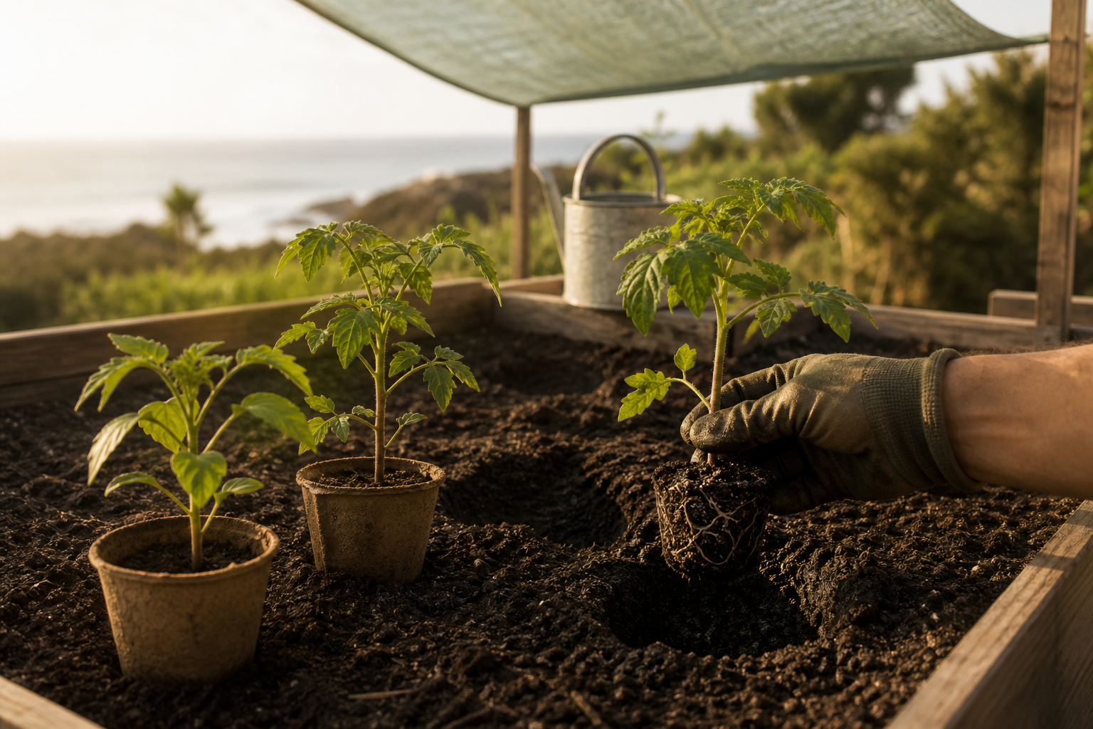 Vegetable seedlings being transplanted into a raised bed