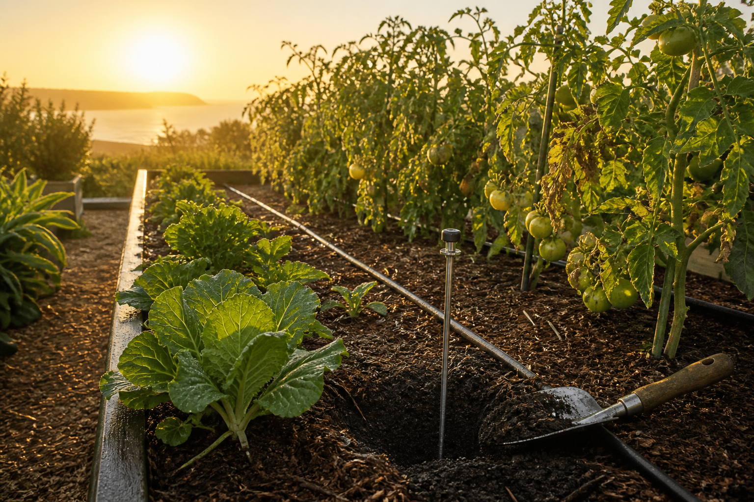 Drip irrigation watering a mulched San Diego vegetable bed