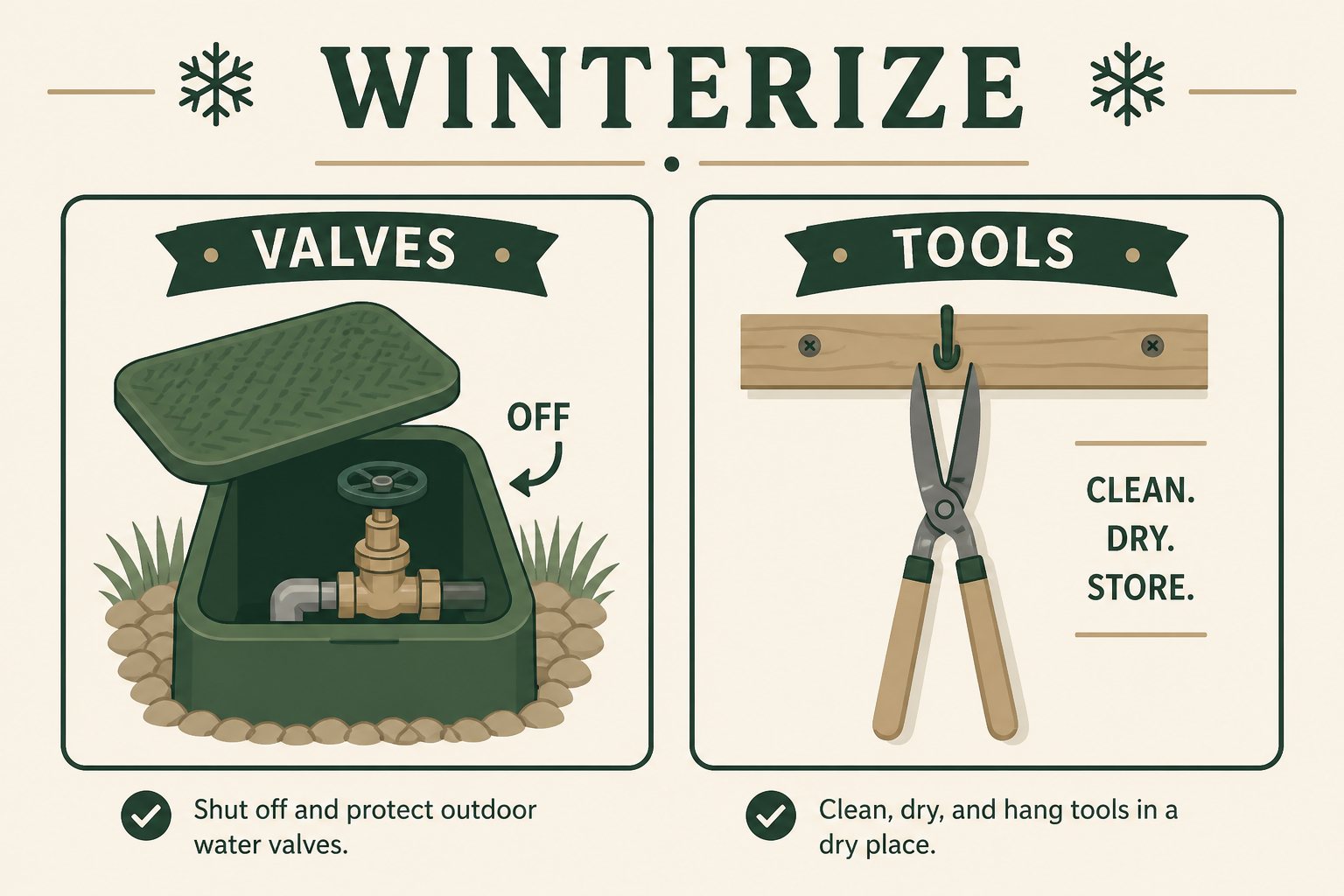 Illustration of an irrigation shutoff valve beside tools stored dry
