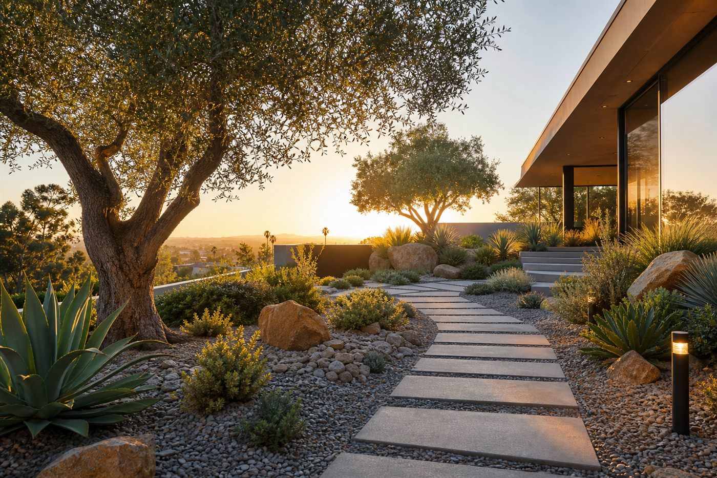 Low-maintenance water-wise xeriscape landscape