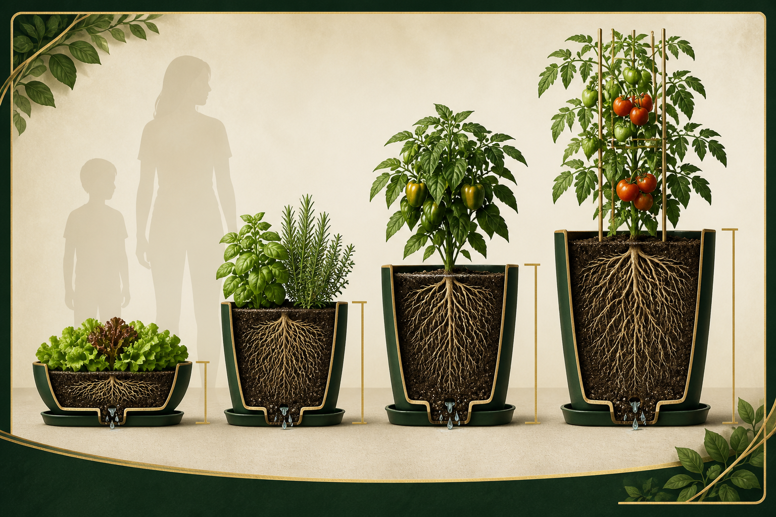 Container-depth comparison for leafy greens, herbs, peppers, and tomatoes