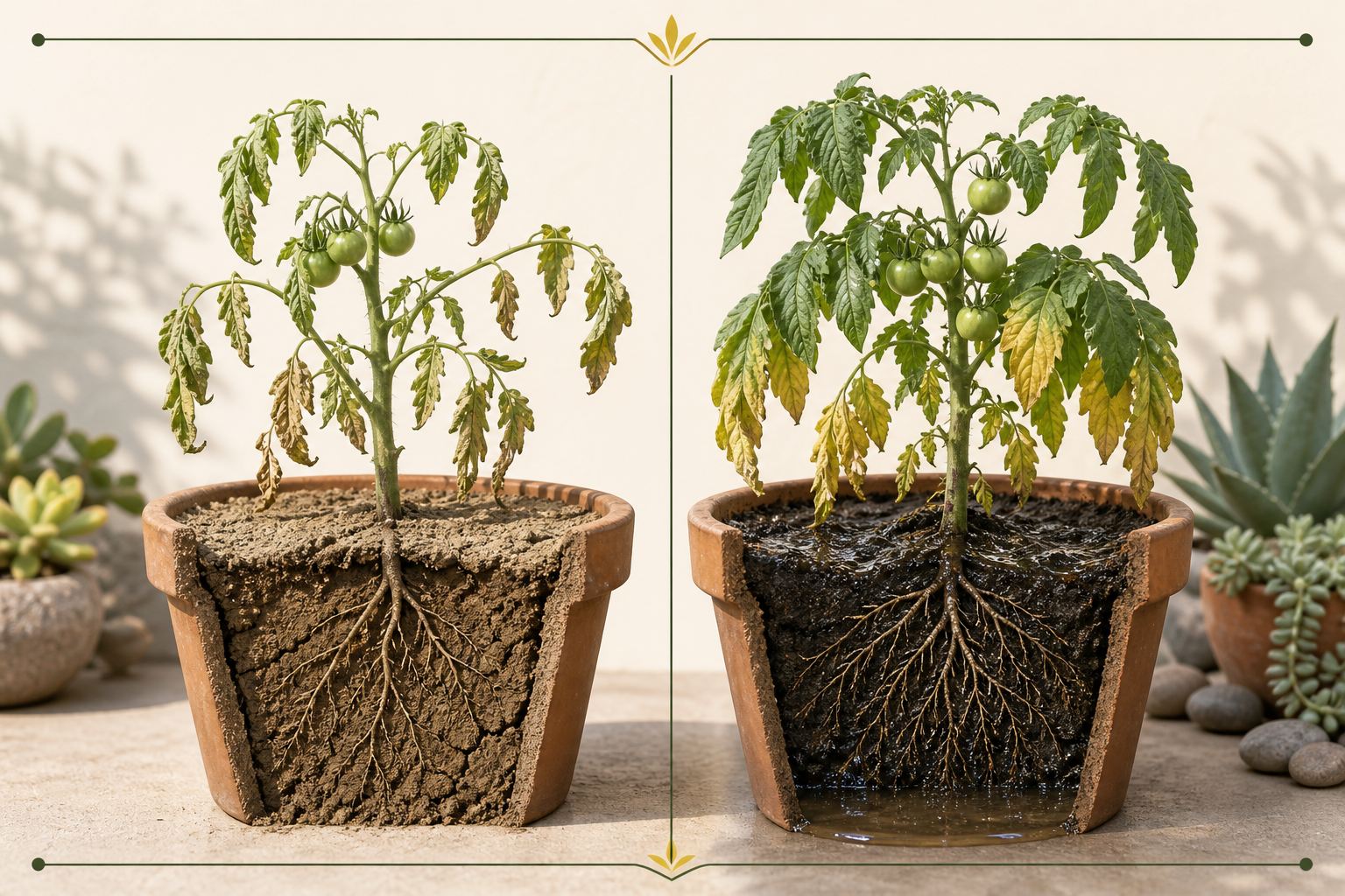Side-by-side comparison of drought stress and overwatering symptoms
