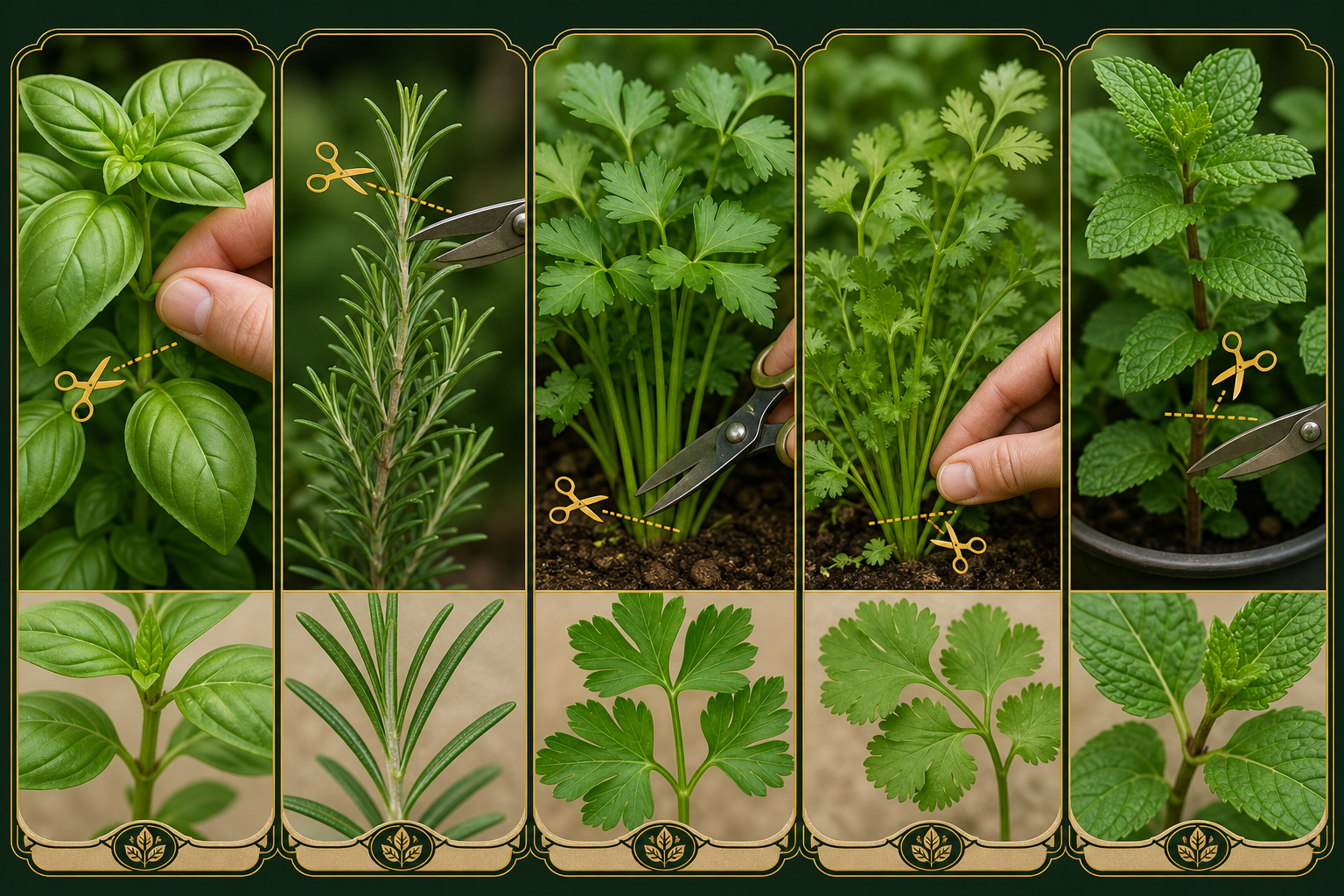 Five-panel herb identification and harvest guide for basil, rosemary, parsley, cilantro, and mint