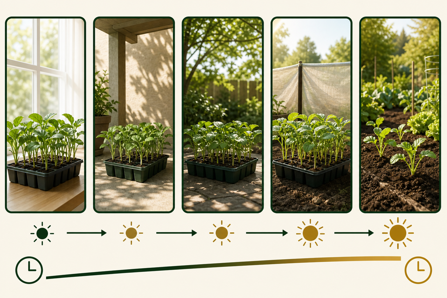 Five-panel hardening-off timeline from indoors through shade and morning sun to transplanting