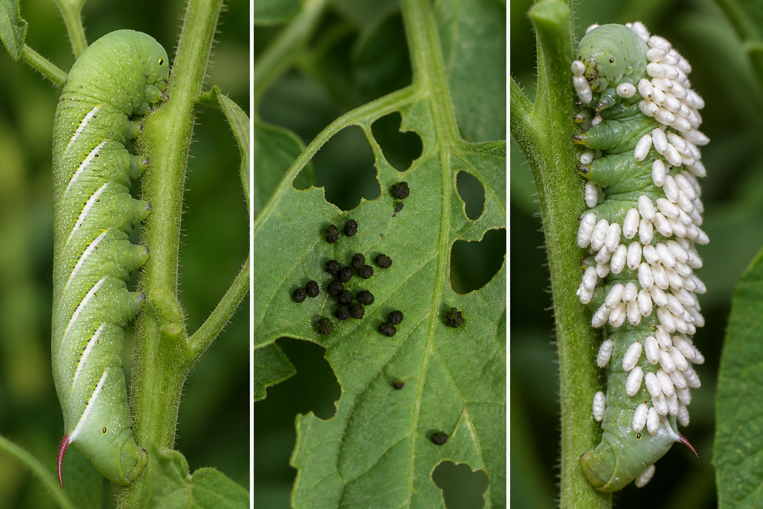 Tomato hornworm identification panels showing droppings, feeding damage, and the caterpillar