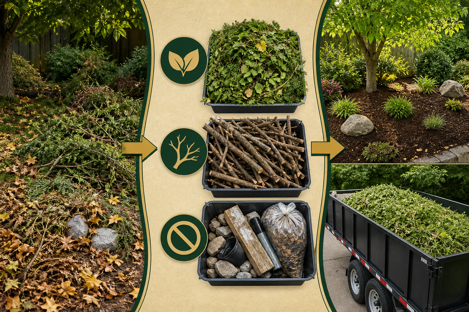 Yard cleanup sequence sorting green waste, branches, and contamination before trailer loading