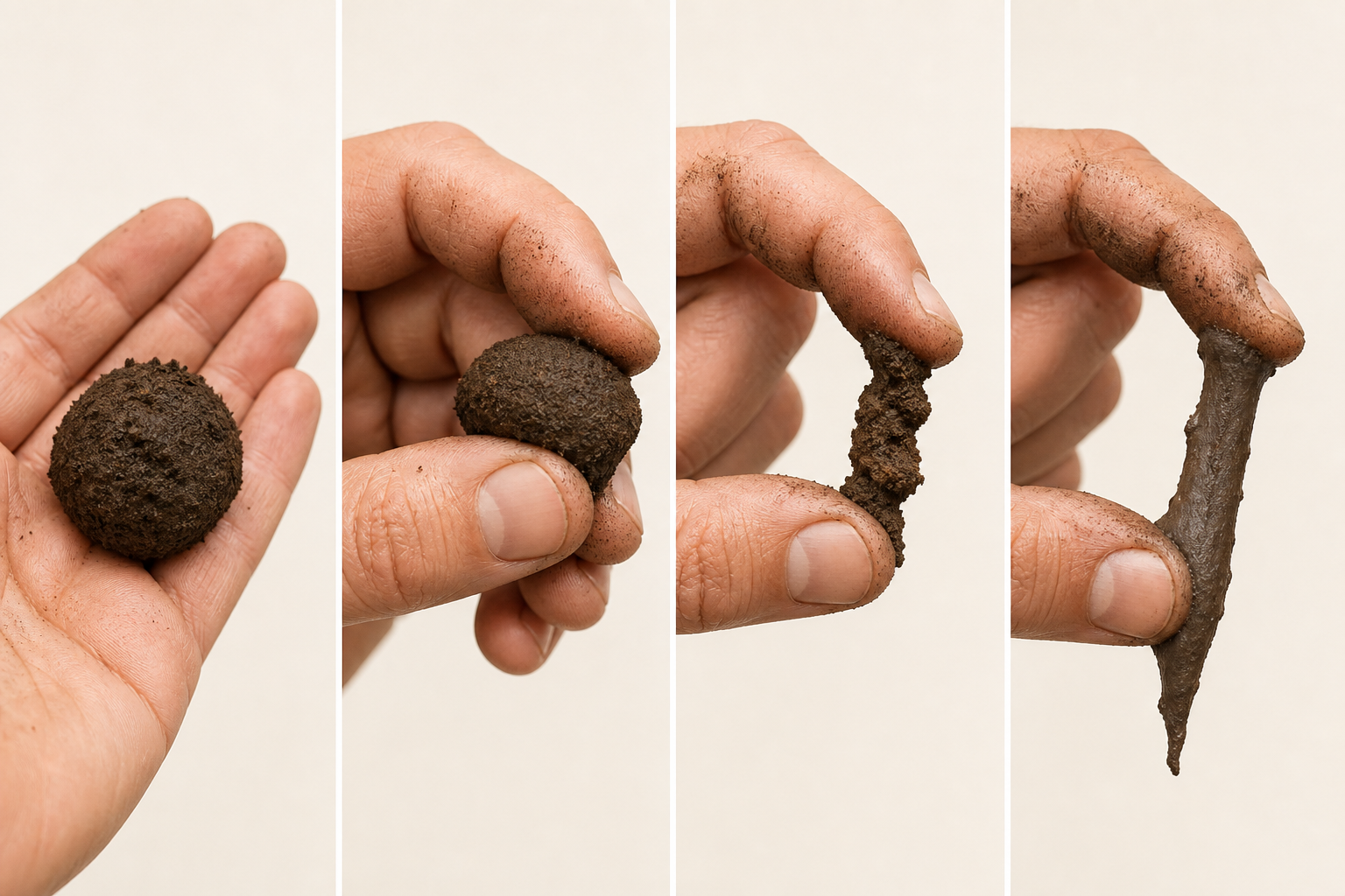 Hand soil-texture test sequence from moist sample to ball and ribbon