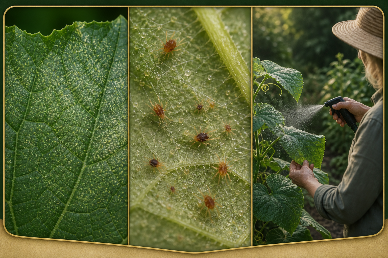 Spider mite identification sequence showing stippling, mites and webbing, and leaf-underside rinsing