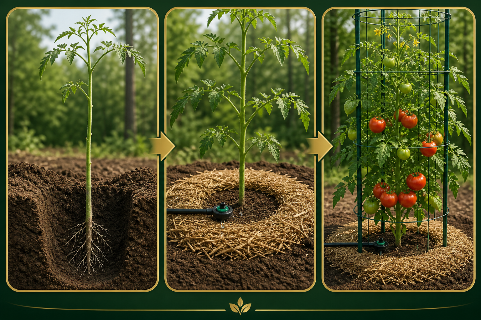 Three-panel tomato planting, drip watering, mulching, and support sequence