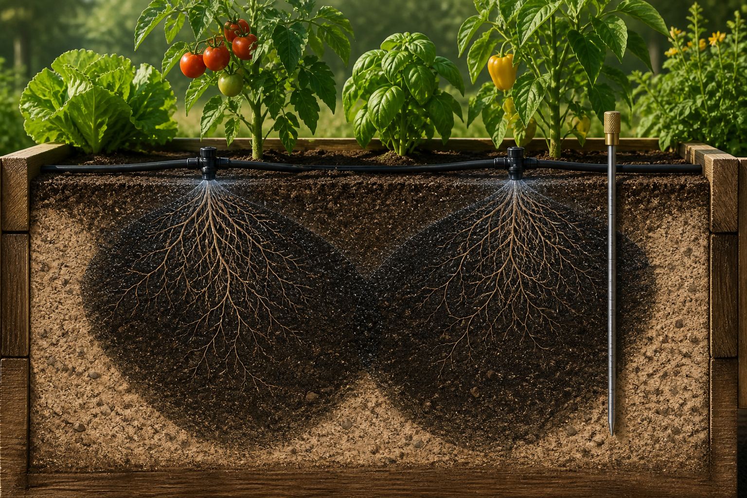 Raised-bed cutaway showing overlapping drip wetting patterns through vegetable roots