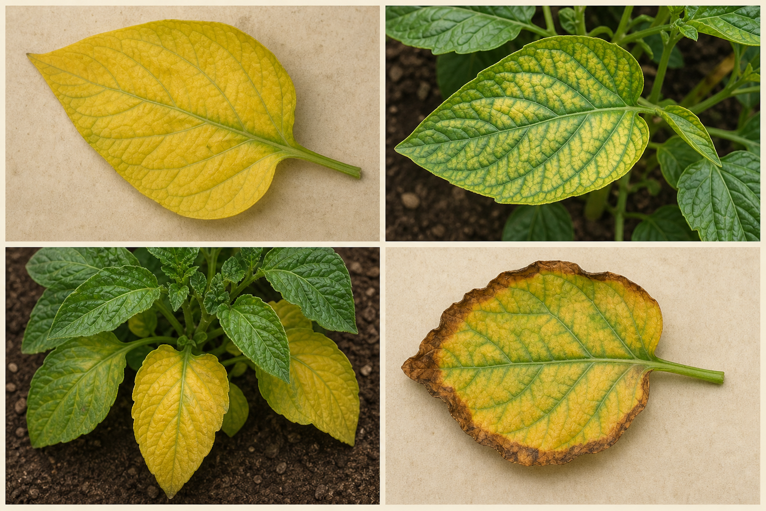 Yellow-leaf diagnosis panels comparing whole-plant, interveinal, lower-leaf, and scorched-edge patterns