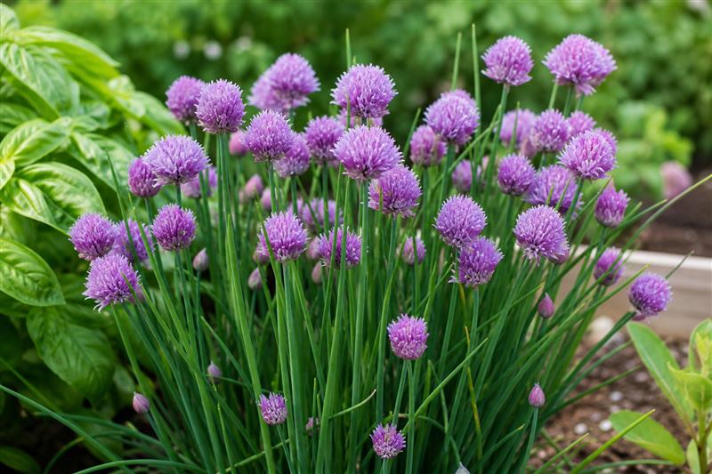 Chive clump in bloom with spherical purple flower heads; other garden plants in the frame (wiki plant photo).