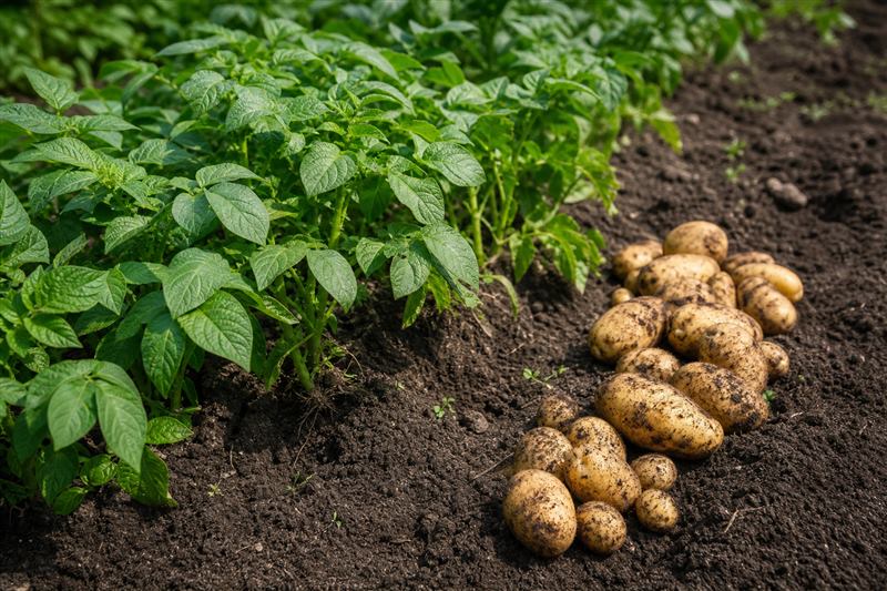 Potato plants in a row with a pile of freshly dug tan tubers on dark soil (wiki plant photo).